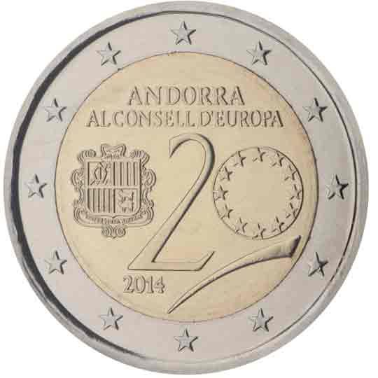 2 euro Andorra 2014, 20° anniv. ingresso di Andorra nel Consiglio d'Europa