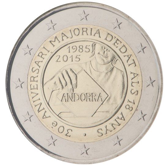 2 euro Andorra 2015, 30° anniv. maggiore età a 18 anni