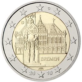 2 euro Germania 2010, Bremen - Municipio di Brema e statua di Orlando