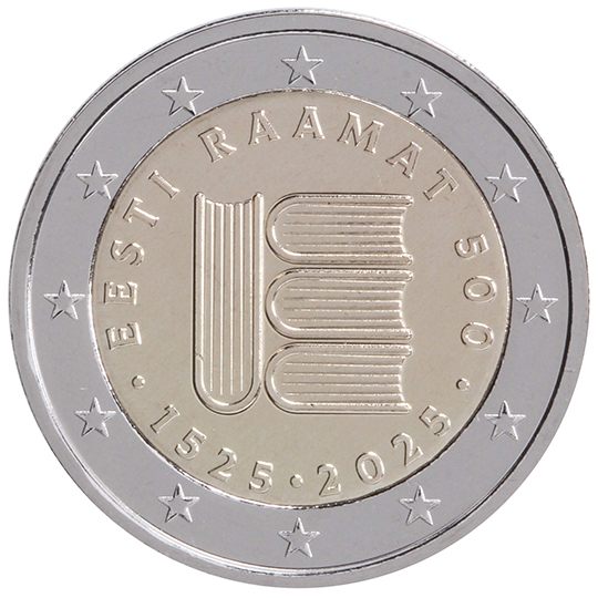 2 euro Estonia 2025, 500° anniv. primo libro in lingua estone