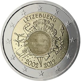 2 euro Lussemburgo 2012, 10 anni di banconote e monete in euro