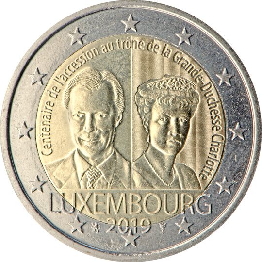 2 euro Lussemburgo 2019, 100° anniv. ascesa al trono Granduchessa Charlotte