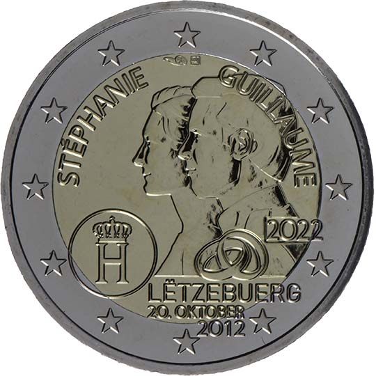 2 euro Lussemburgo 2022, 10° anniv. matrimonio granduchi ereditari Guillaume e Stéphanie