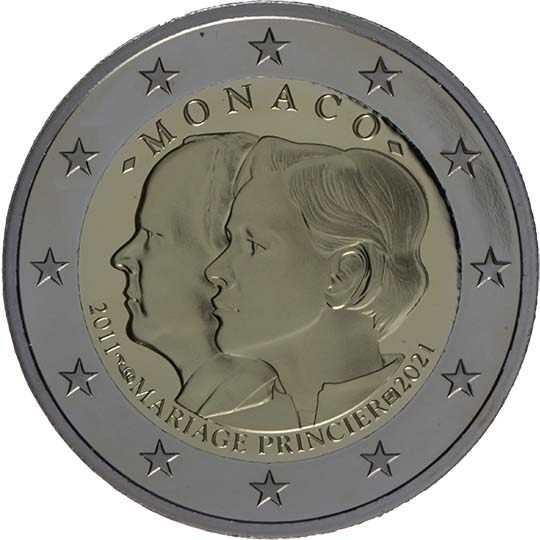 2 euro Monaco 2021, 10° anniv. matrimonio del principe Alberto II con Charlène