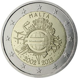 2 euro Malta 2012, 10 anni di banconote e monete in euro