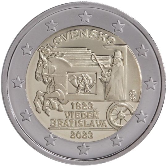 2 euro Slovacchia 2023, 200° anniv. corriere espresso a cavallo Vienna-Bratislava